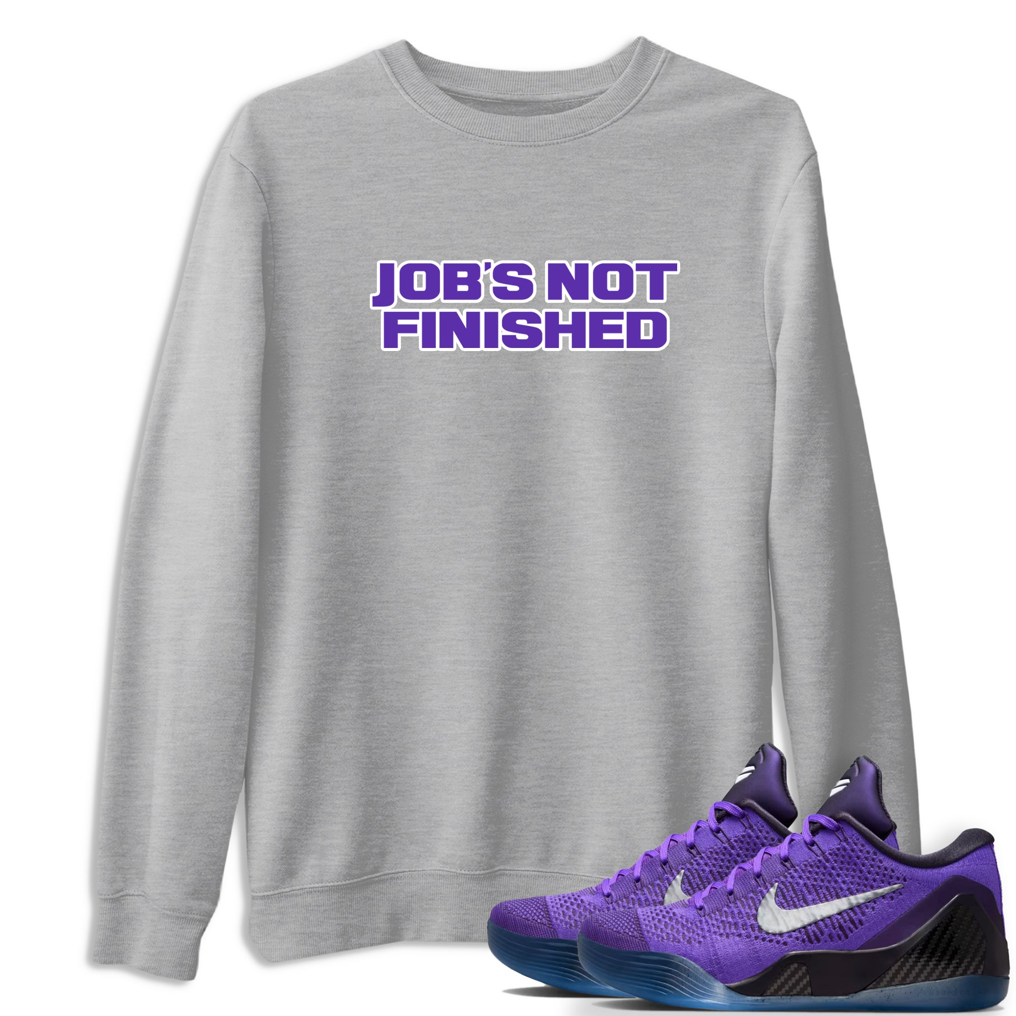 Sneaker Threads – Sneaker Tees To Match Nike KB 9 Hyper Grape – Job's Not Finished Graphic Tee Heather Grey 1. Perfect for Jordan releases 2025 colorways. Perfect for purple basketball sneaker releases and legacy-inspired colorways for 2025 hoopers.