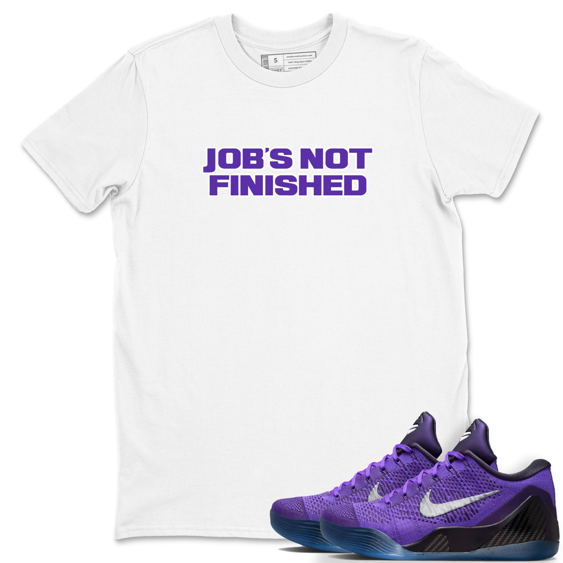 Sneaker Threads – Sneaker Tees To Match Nike KB 9 Hyper Grape – Job's Not Finished Graphic Tee White 1. Perfect for Jordan releases 2025 colorways. Perfect for purple basketball sneaker releases and legacy-inspired colorways for 2025 hoopers.
