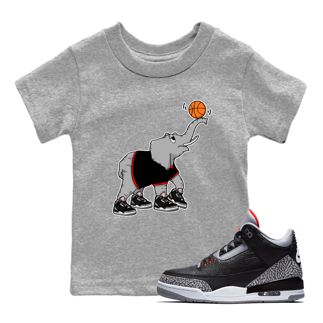 3s Black Cement shirts to match jordans Juggling Elephant sneaker match tees Air Jordan 3 Retro OG Black Cement match shoes to clothes SNRT Sneaker Tees Youth Baby Heather Grey 1 tee