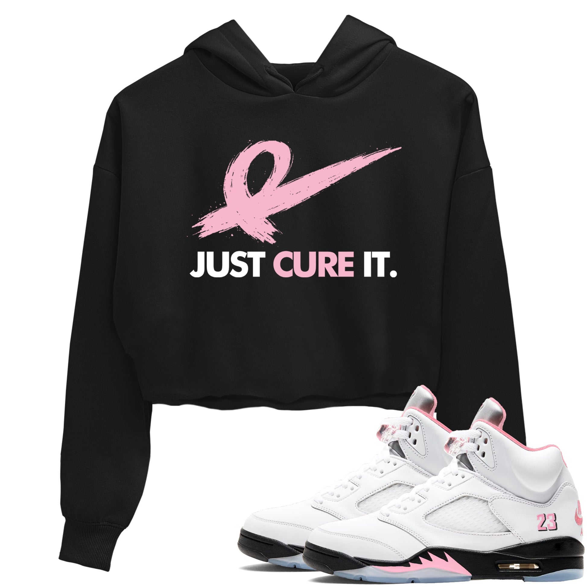 Sneaker Threads Sneaker Tees To Match Air Jordan 5 Medium Soft Pink Just Cure It Crop Tee Black 1. Perfect for Jordan releases 2025 colorways. breast cancer awareness.