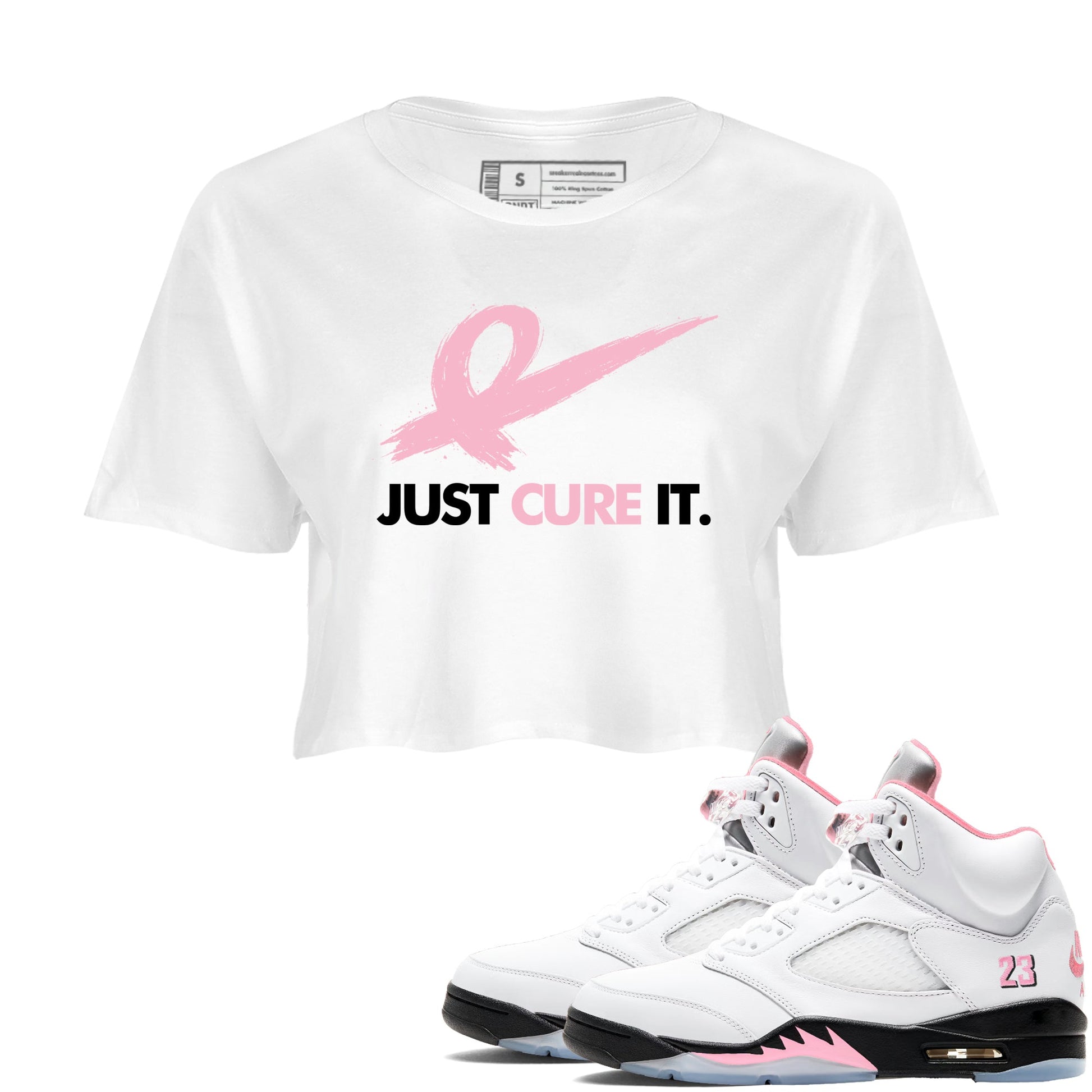 Sneaker Threads Sneaker Tees To Match Air Jordan 5 Medium Soft Pink Just Cure It Crop Tee White 1. Perfect for Jordan releases 2025 colorways. breast cancer awareness.