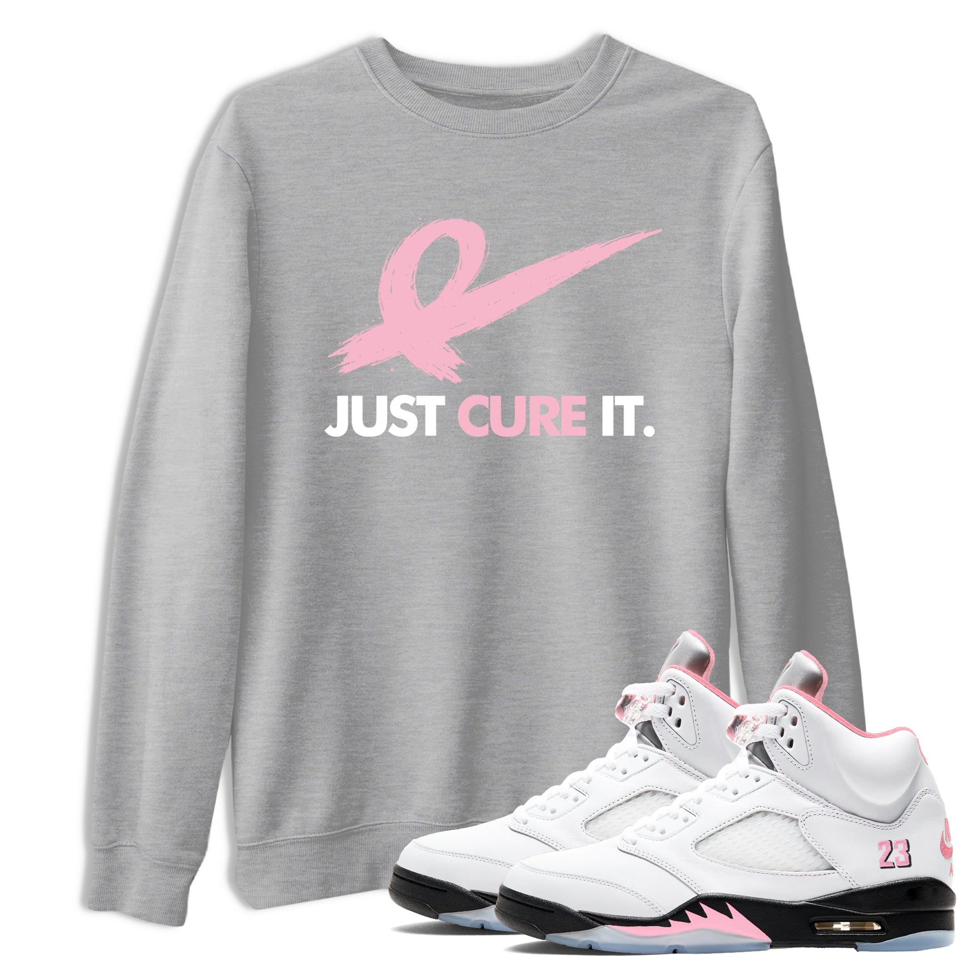 Sneaker Threads Sneaker Tees To Match Air Jordan 5 Medium Soft Pink Just Cure It Graphic Tee Heather Grey 1. Perfect for Jordan releases 2025 colorways. breast cancer awareness.
