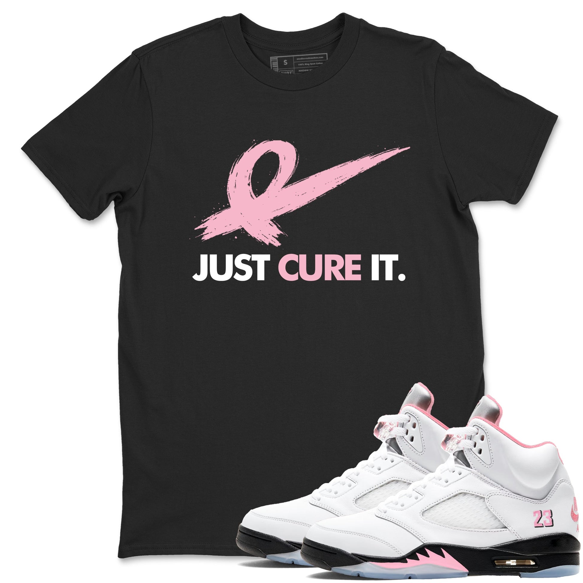 Sneaker Threads Sneaker Tees To Match Air Jordan 5 Medium Soft Pink Just Cure It Graphic Tee Black 1. Perfect for Jordan releases 2025 colorways. breast cancer awareness.