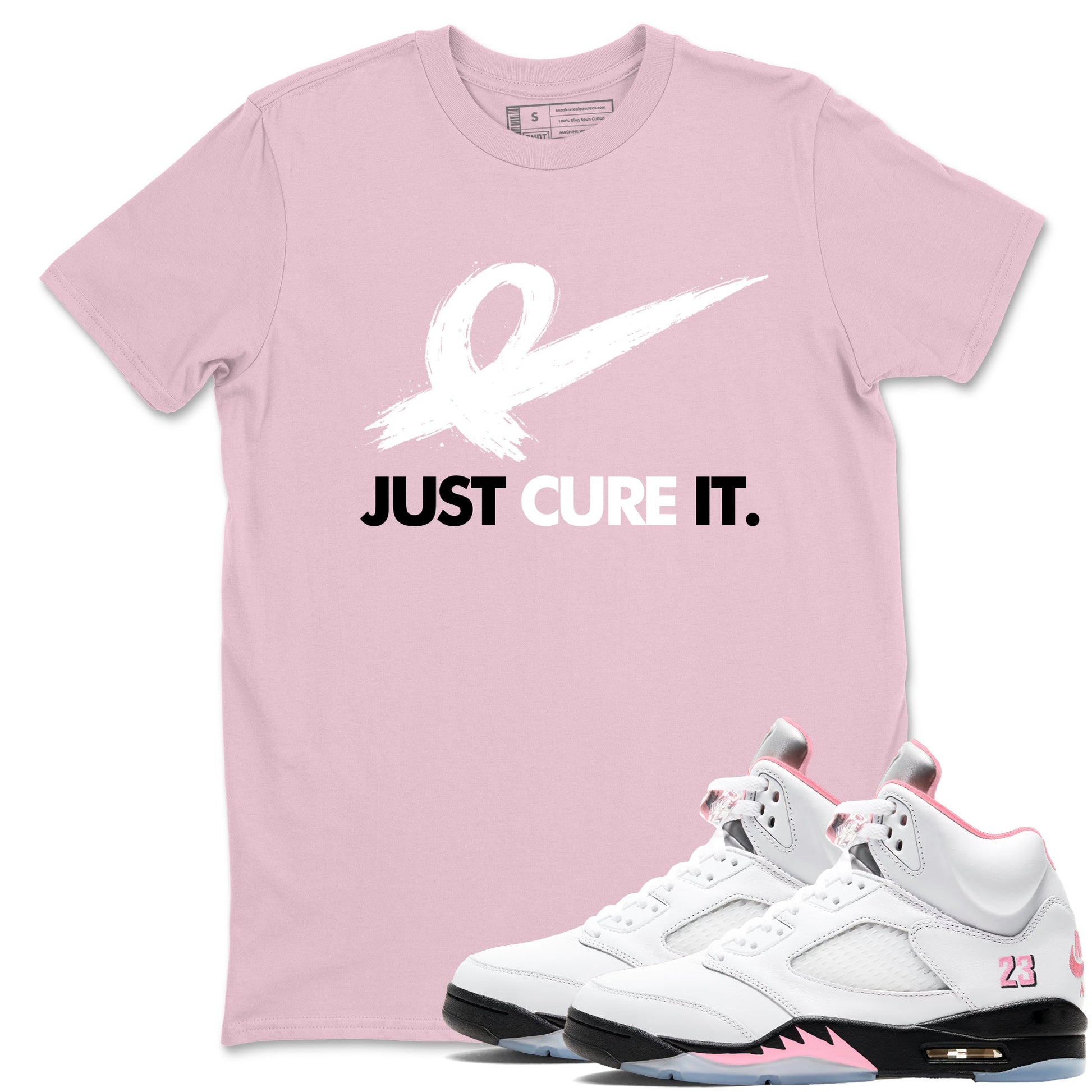 Sneaker Threads Sneaker Tees To Match Air Jordan 5 Medium Soft Pink Just Cure It Graphic Tee Pink 1. Perfect for Jordan releases 2025 colorways. breast cancer awareness.