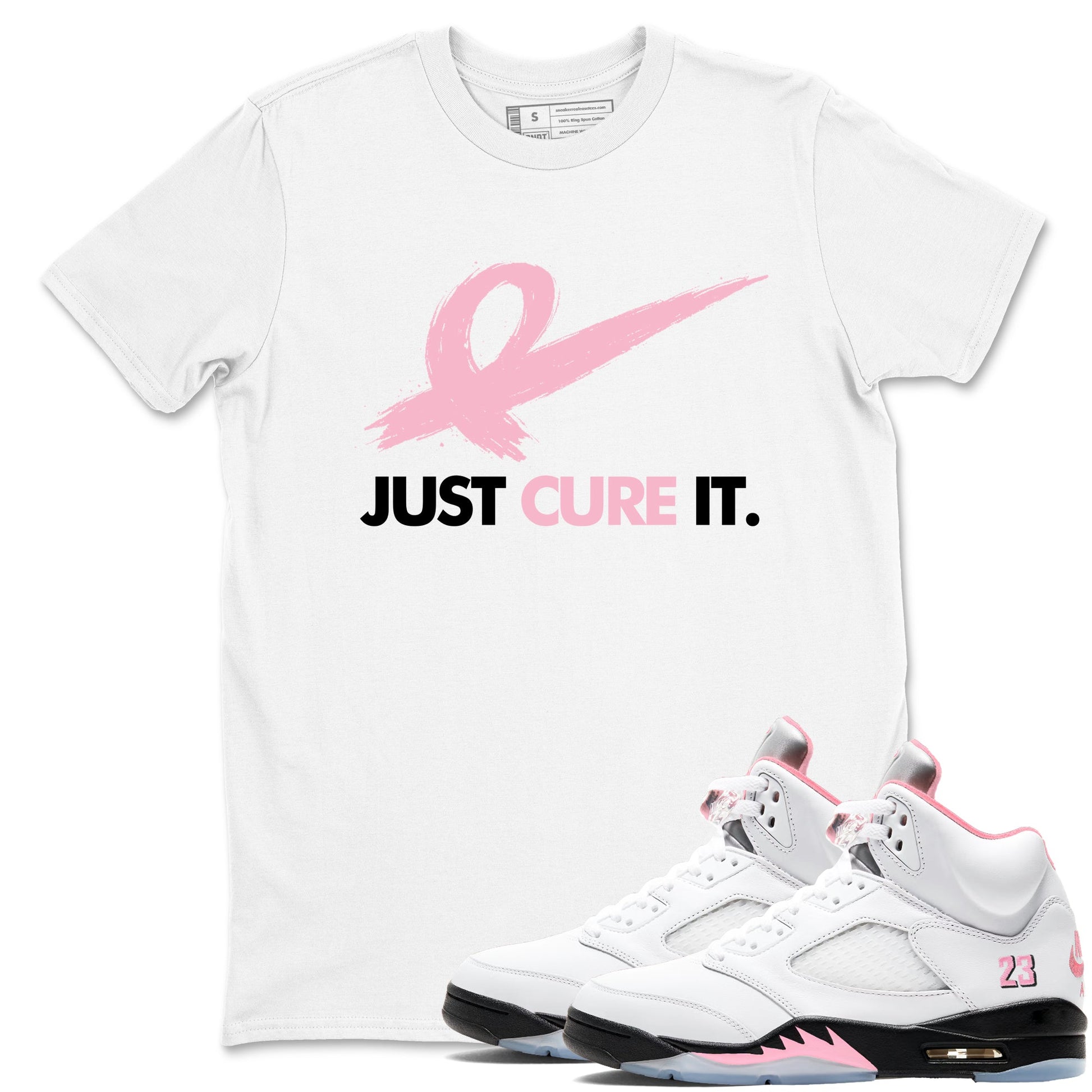 Sneaker Threads Sneaker Tees To Match Air Jordan 5 Medium Soft Pink Just Cure It Graphic Tee White 1. Perfect for Jordan releases 2025 colorways. breast cancer awareness.