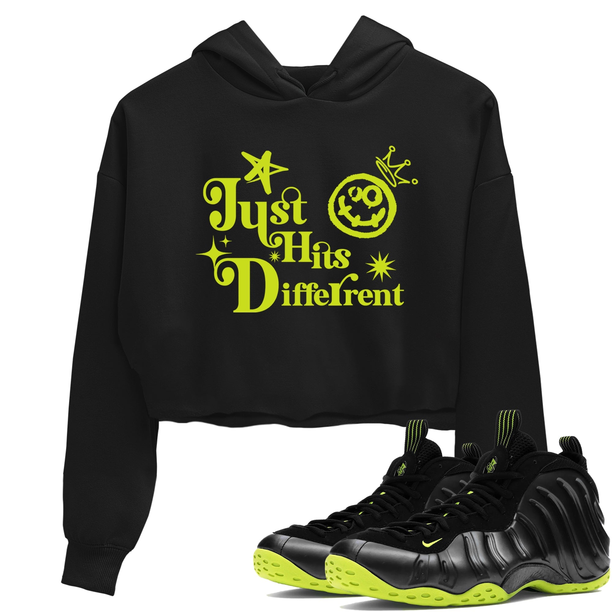 Foams One Black Volt shirts to match jordans Just Hits Different sneaker match tees Air Foamposite One Black and Volt match shoes to clothes SNRT Sneaker Tees unisex cotton Black 1 crop tee