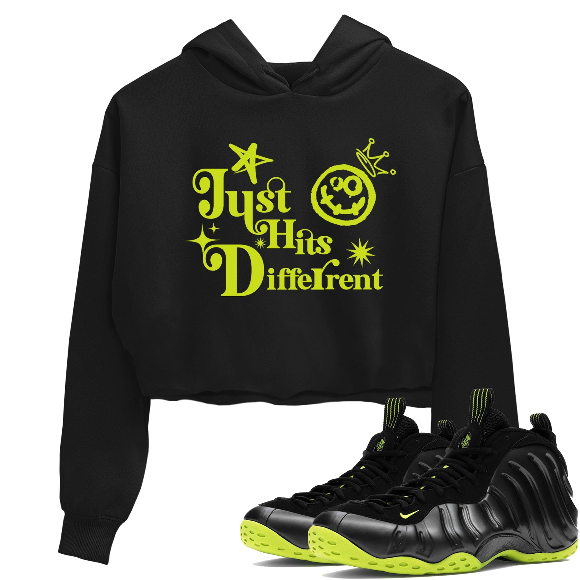Foams One Black Volt shirts to match jordans Just Hits Different sneaker match tees Air Foamposite One Black and Volt match shoes to clothes SNRT Sneaker Tees unisex cotton Black 1 crop tee