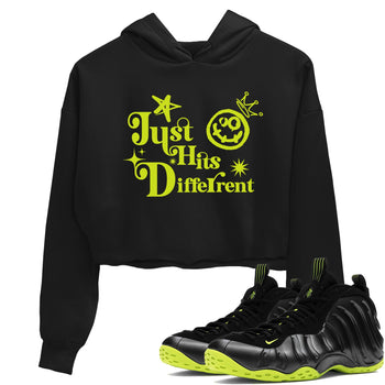 Foams One Black Volt shirts to match jordans Just Hits Different sneaker match tees Air Foamposite One Black and Volt match shoes to clothes SNRT Sneaker Tees unisex cotton Black 1 crop tee