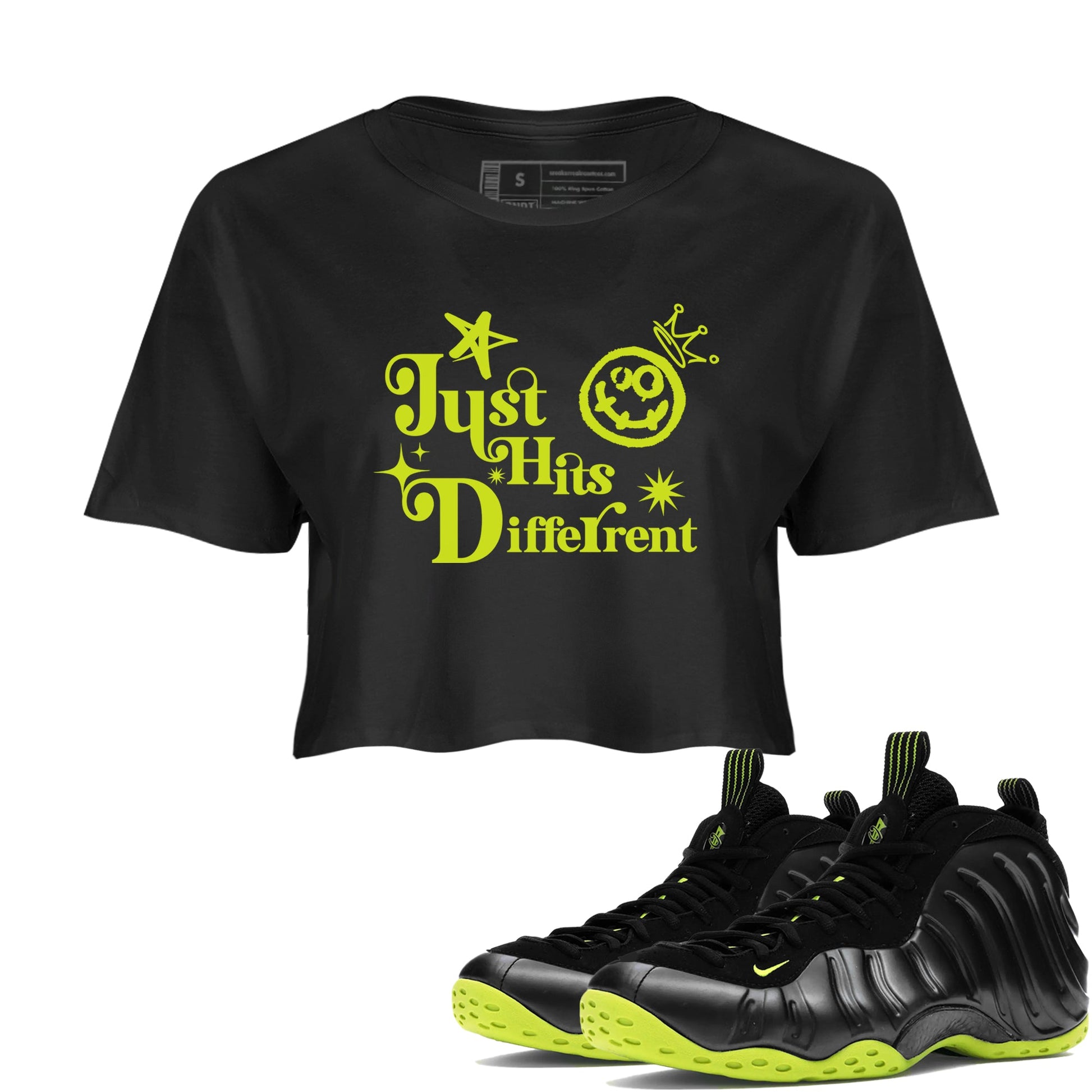 Foams One Black Volt shirts to match jordans Just Hits Different sneaker match tees Air Foamposite One Black and Volt match shoes to clothes SNRT Sneaker Tees unisex cotton Black 1 crop tee