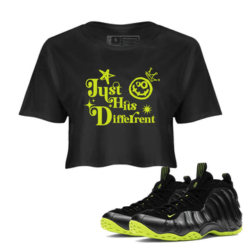 Foams One Black Volt shirts to match jordans Just Hits Different sneaker match tees Air Foamposite One Black and Volt match shoes to clothes SNRT Sneaker Tees unisex cotton Black 1 crop tee