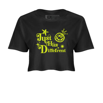 Foams One Black Volt shirts to match jordans Just Hits Different sneaker match tees Air Foamposite One Black and Volt match shoes to clothes SNRT Sneaker Tees unisex cotton Black 2 crop tee