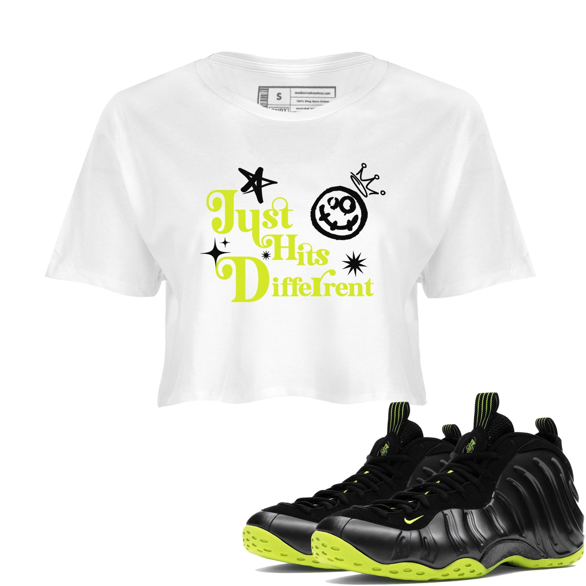 Foams One Black Volt shirts to match jordans Just Hits Different sneaker match tees Air Foamposite One Black and Volt match shoes to clothes SNRT Sneaker Tees unisex cotton White 1 crop tee