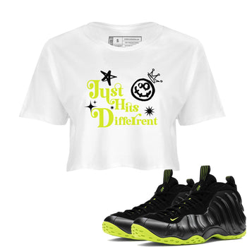 Foams One Black Volt shirts to match jordans Just Hits Different sneaker match tees Air Foamposite One Black and Volt match shoes to clothes SNRT Sneaker Tees unisex cotton White 1 crop tee