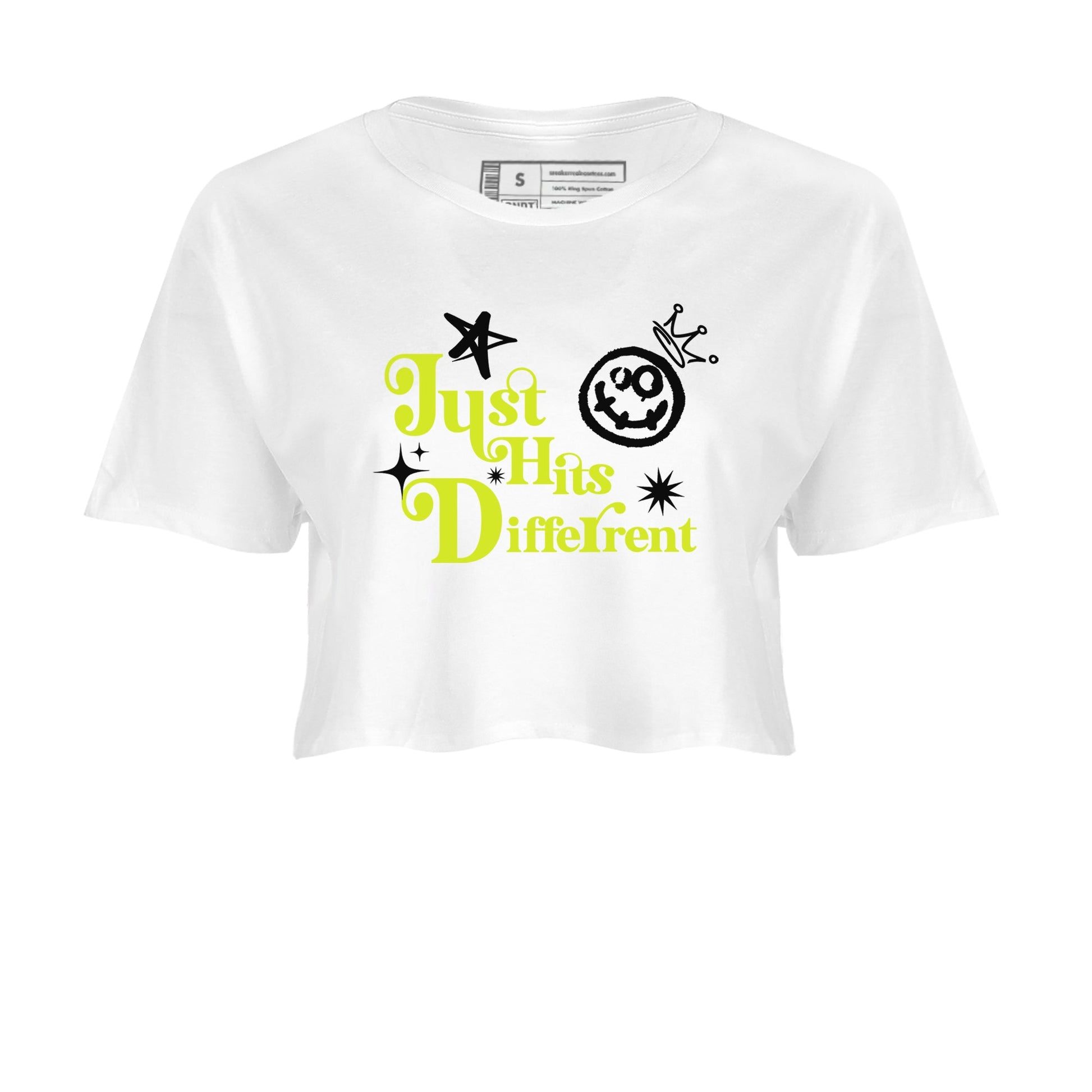 Foams One Black Volt shirts to match jordans Just Hits Different sneaker match tees Air Foamposite One Black and Volt match shoes to clothes SNRT Sneaker Tees unisex cotton White 2 crop tee