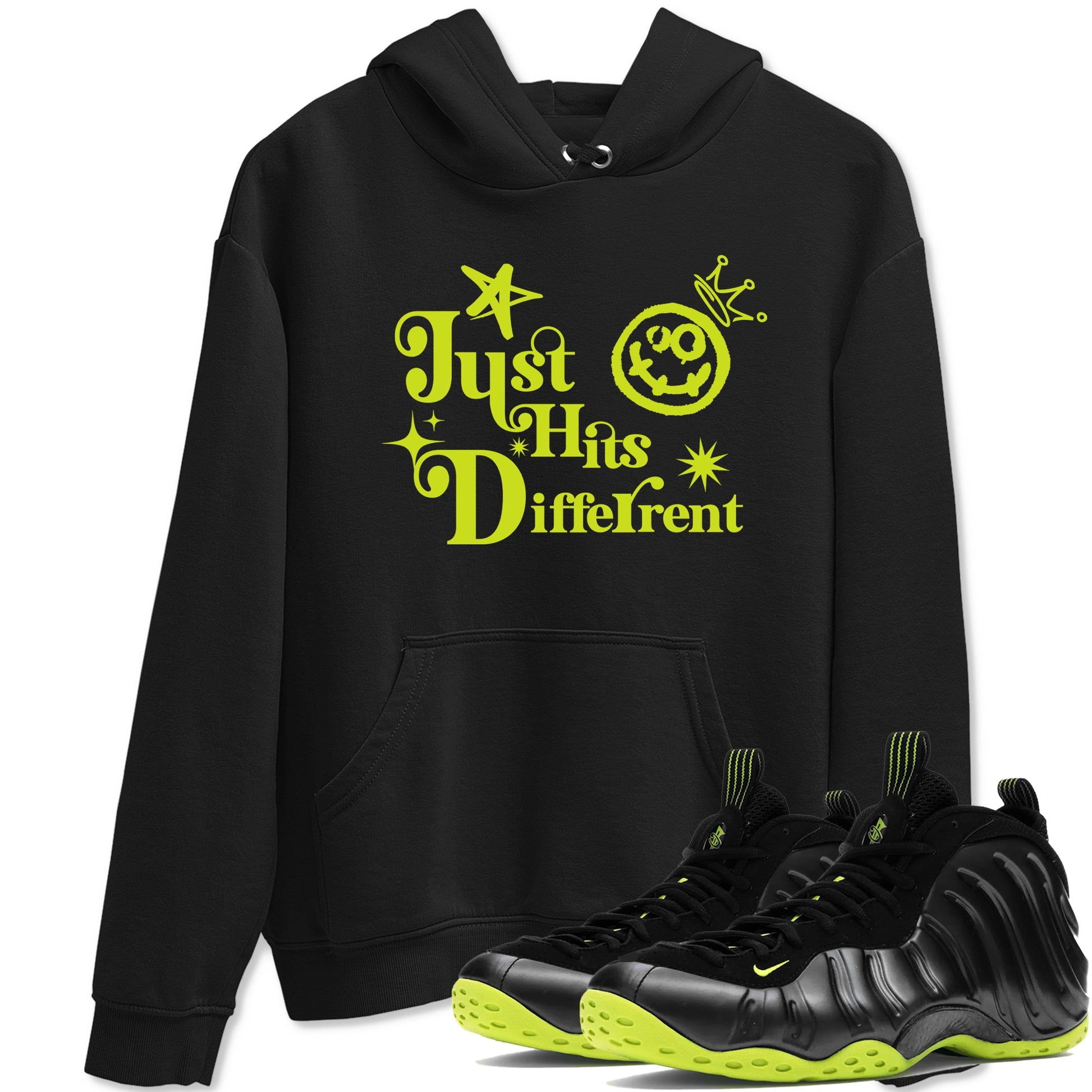 Foams One Black Volt shirts to match jordans Just Hits Different sneaker match tees Air Foamposite One Black and Volt match shoes to clothes SNRT Sneaker Tees unisex cotton Black 1 shirts