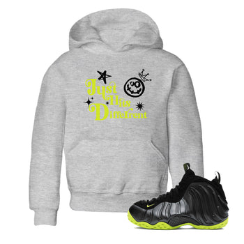 Foams One Black Volt shirts to match jordans Just Hits Different sneaker match tees Air Foamposite One Black and Volt match shoes to clothes SNRT Sneaker Tees Youth Baby Heather Grey 1 tee
