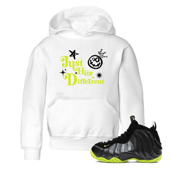 Foams One Black Volt shirts to match jordans Just Hits Different sneaker match tees Air Foamposite One Black and Volt match shoes to clothes SNRT Sneaker Tees Youth Baby White 1 tee