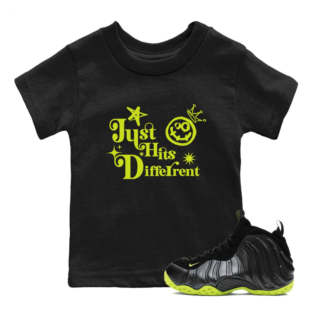 Foams One Black Volt shirts to match jordans Just Hits Different sneaker match tees Air Foamposite One Black and Volt match shoes to clothes SNRT Sneaker Tees Youth Baby Black 1 tee