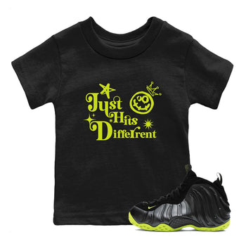 Foams One Black Volt shirts to match jordans Just Hits Different sneaker match tees Air Foamposite One Black and Volt match shoes to clothes SNRT Sneaker Tees Youth Baby Black 1 tee