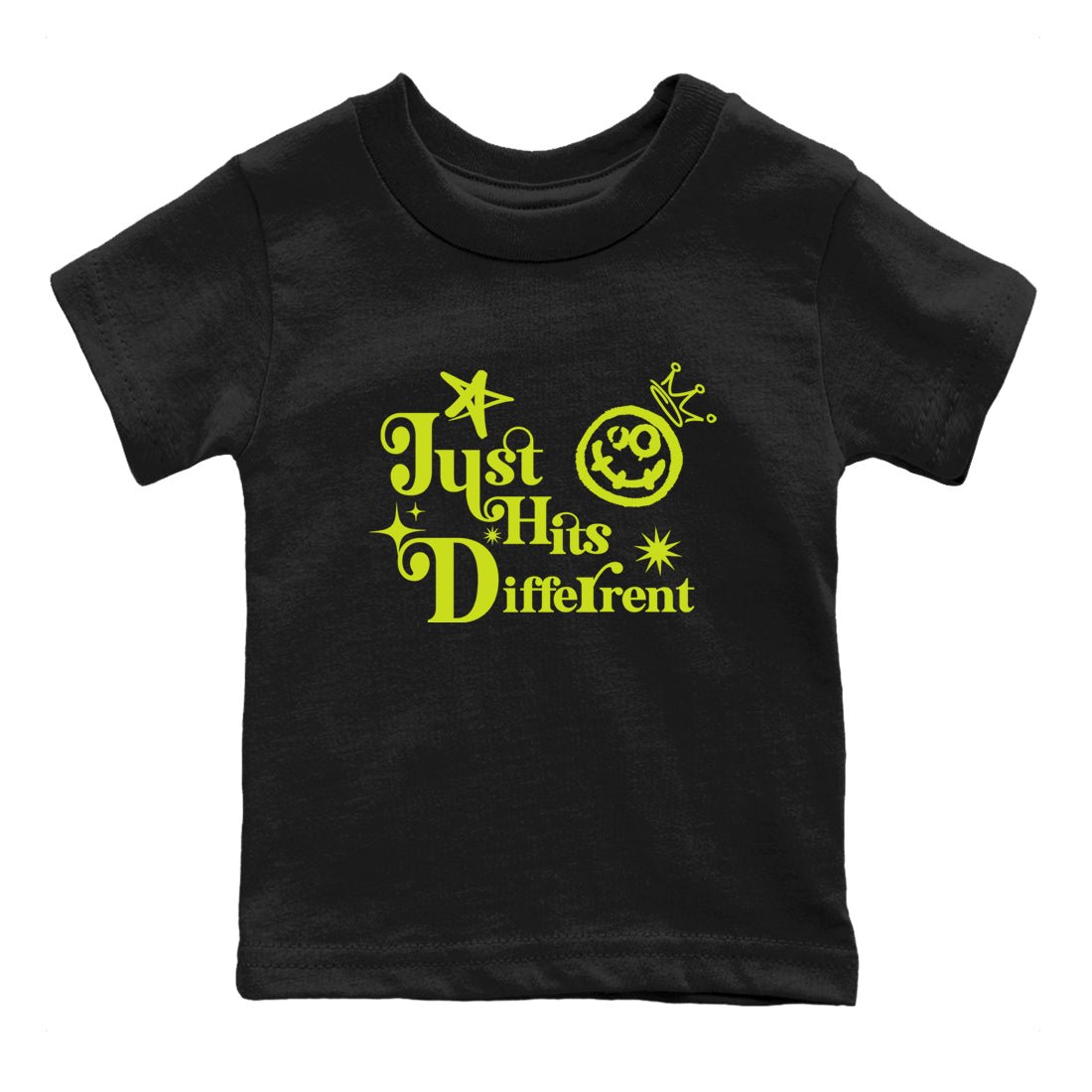 Foams One Black Volt shirts to match jordans Just Hits Different sneaker match tees Air Foamposite One Black and Volt match shoes to clothes SNRT Sneaker Tees Youth Baby Black 2 tee