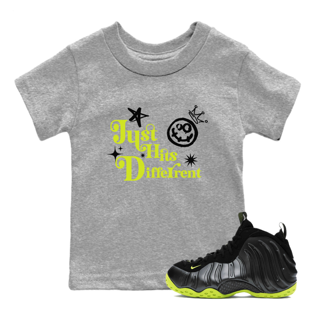 Foams One Black Volt shirts to match jordans Just Hits Different sneaker match tees Air Foamposite One Black and Volt match shoes to clothes SNRT Sneaker Tees Youth Baby Heather Grey 1 tee