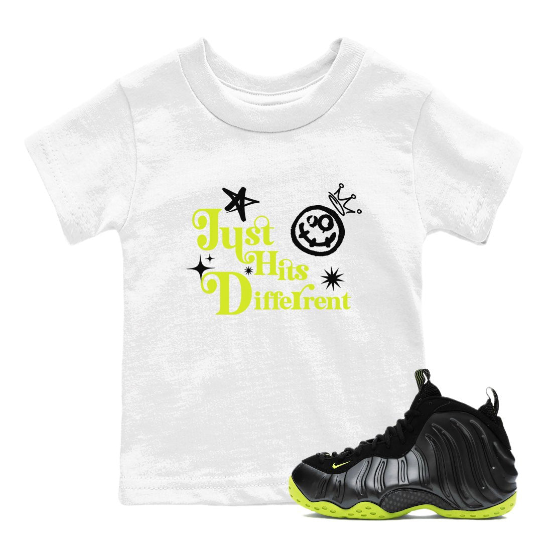 Foams One Black Volt shirts to match jordans Just Hits Different sneaker match tees Air Foamposite One Black and Volt match shoes to clothes SNRT Sneaker Tees Youth Baby White 1 tee