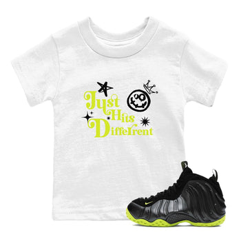 Foams One Black Volt shirts to match jordans Just Hits Different sneaker match tees Air Foamposite One Black and Volt match shoes to clothes SNRT Sneaker Tees Youth Baby White 1 tee