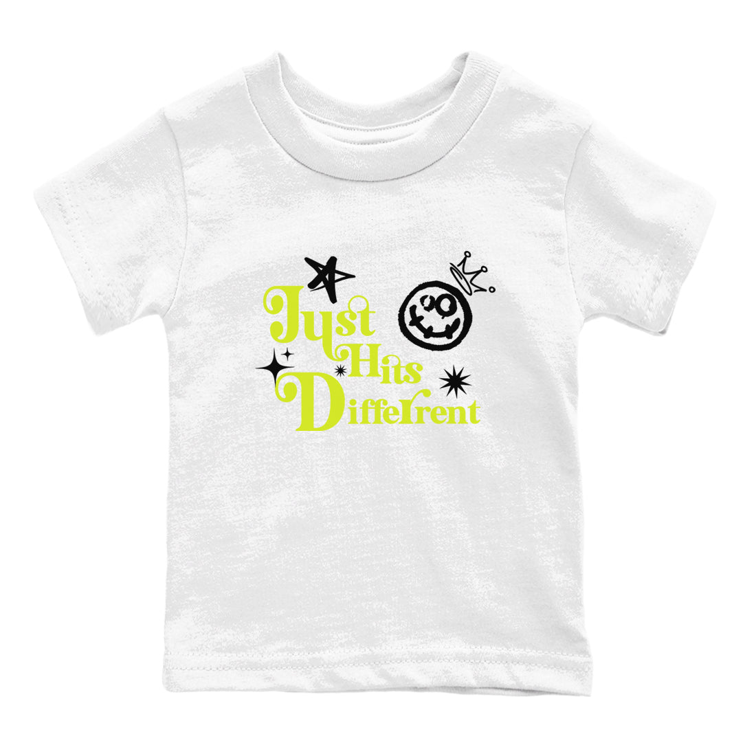 Foams One Black Volt shirts to match jordans Just Hits Different sneaker match tees Air Foamposite One Black and Volt match shoes to clothes SNRT Sneaker Tees Youth Baby White 2 tee