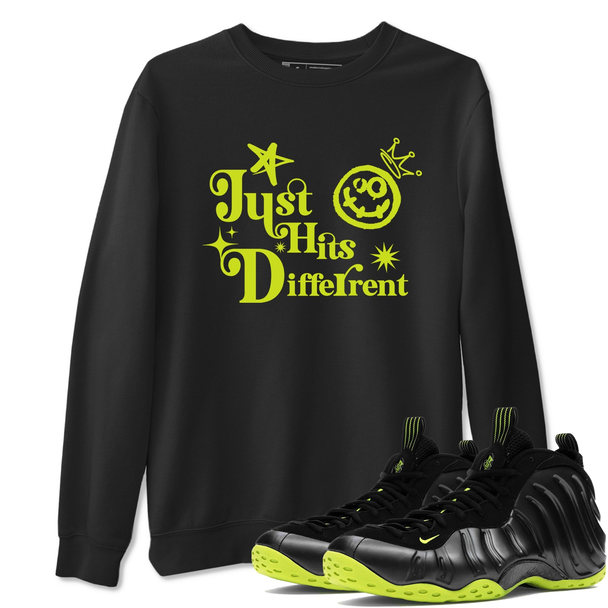 Foams One Black Volt shirts to match jordans Just Hits Different sneaker match tees Air Foamposite One Black and Volt match shoes to clothes SNRT Sneaker Tees unisex cotton Black 1 shirts