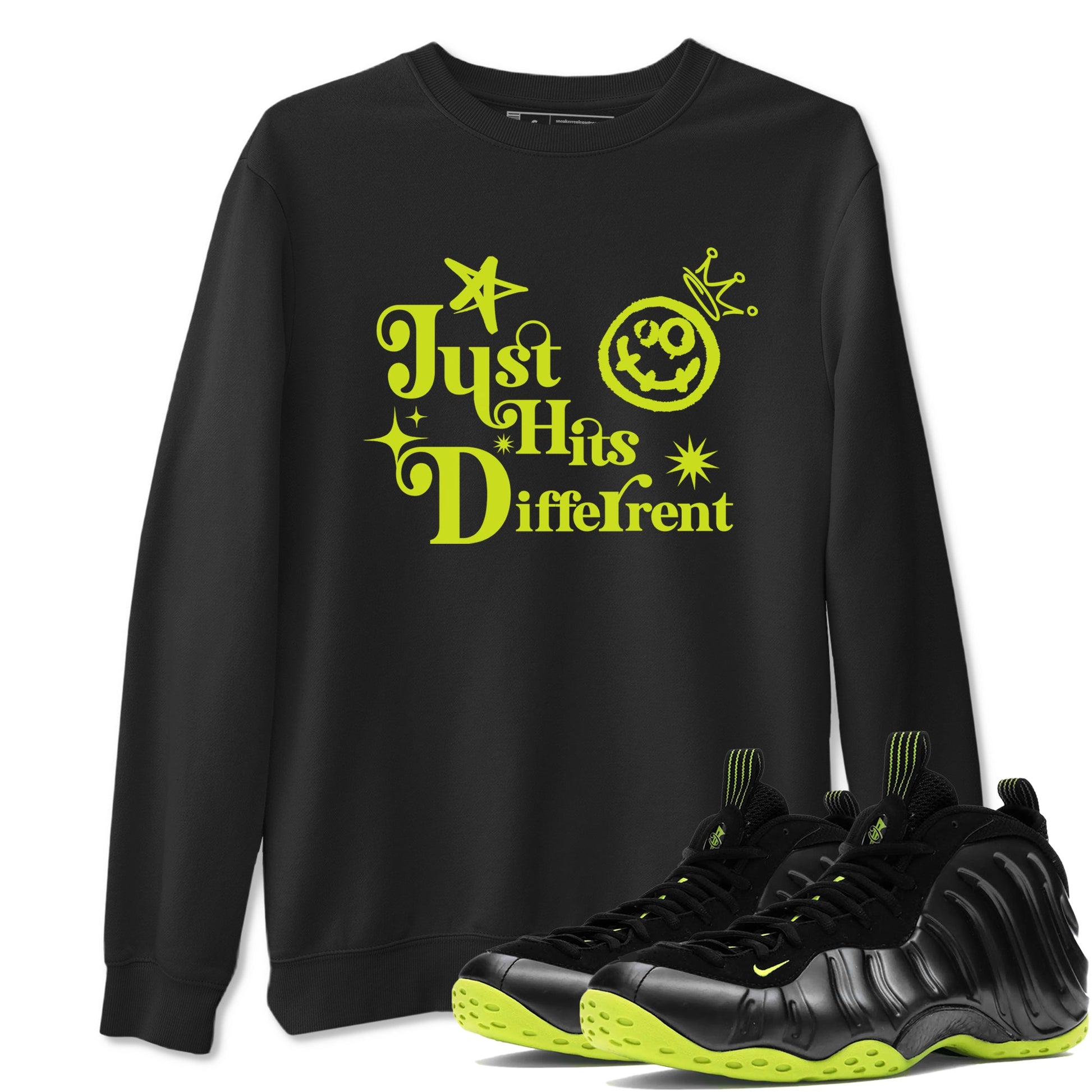 Foams One Black Volt shirts to match jordans Just Hits Different sneaker match tees Air Foamposite One Black and Volt match shoes to clothes SNRT Sneaker Tees unisex cotton Black 1 shirts
