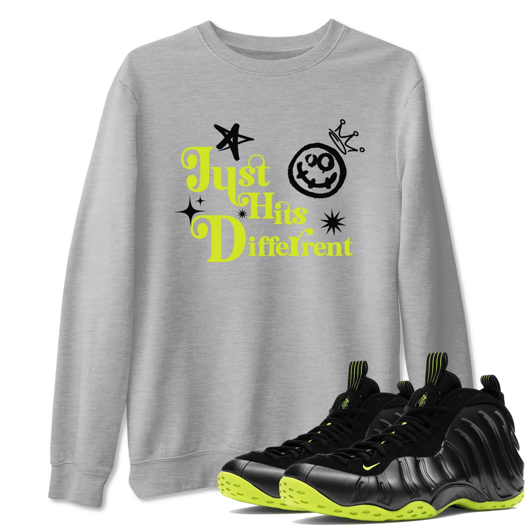 Foams One Black Volt shirts to match jordans Just Hits Different sneaker match tees Air Foamposite One Black and Volt match shoes to clothes SNRT Sneaker Tees unisex cotton Heather Grey 1 shirts