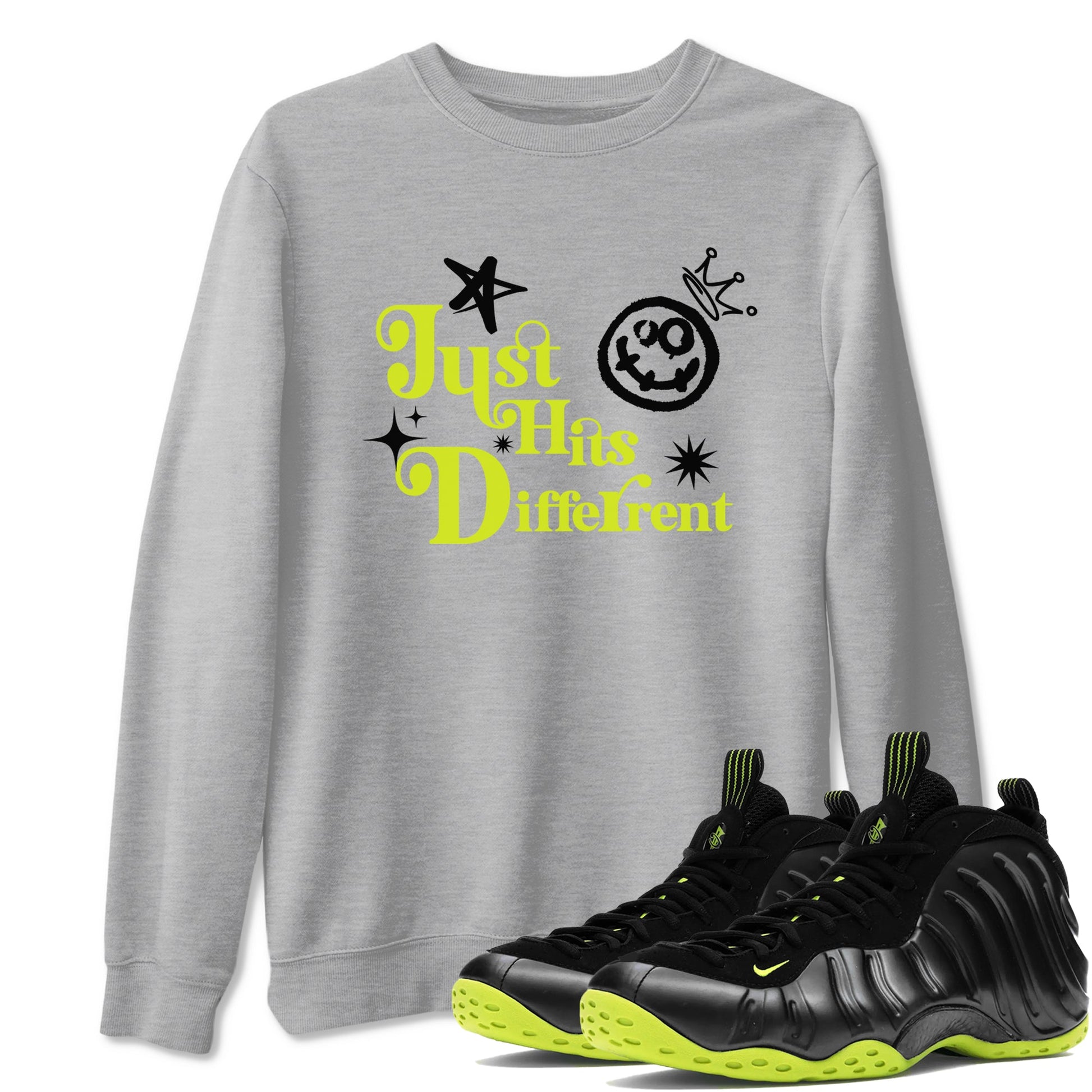 Foams One Black Volt shirts to match jordans Just Hits Different sneaker match tees Air Foamposite One Black and Volt match shoes to clothes SNRT Sneaker Tees unisex cotton Heather Grey 1 shirts