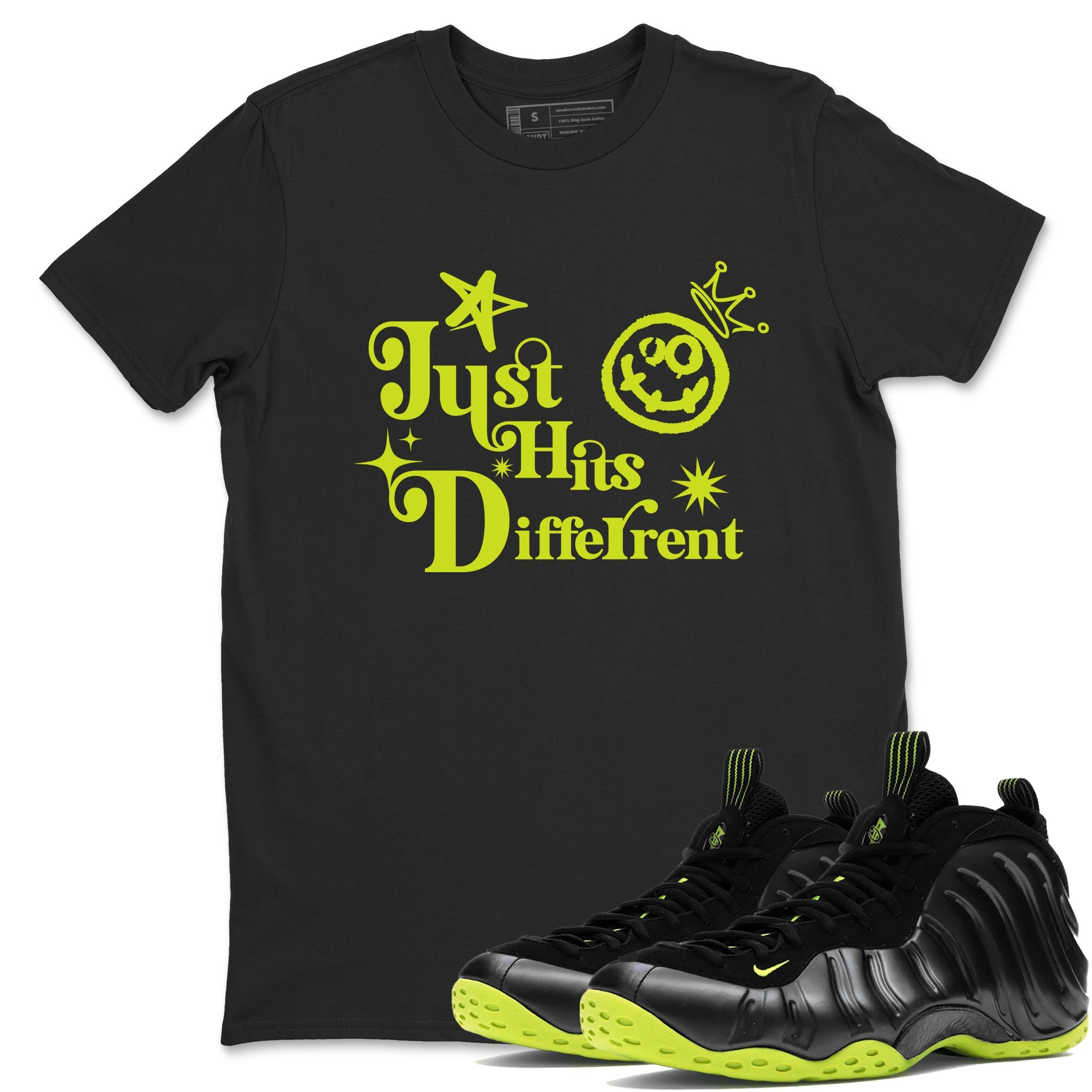 Foams One Black Volt shirts to match jordans Just Hits Different sneaker match tees Air Foamposite One Black and Volt match shoes to clothes SNRT Sneaker Tees unisex cotton Black 1 shirts