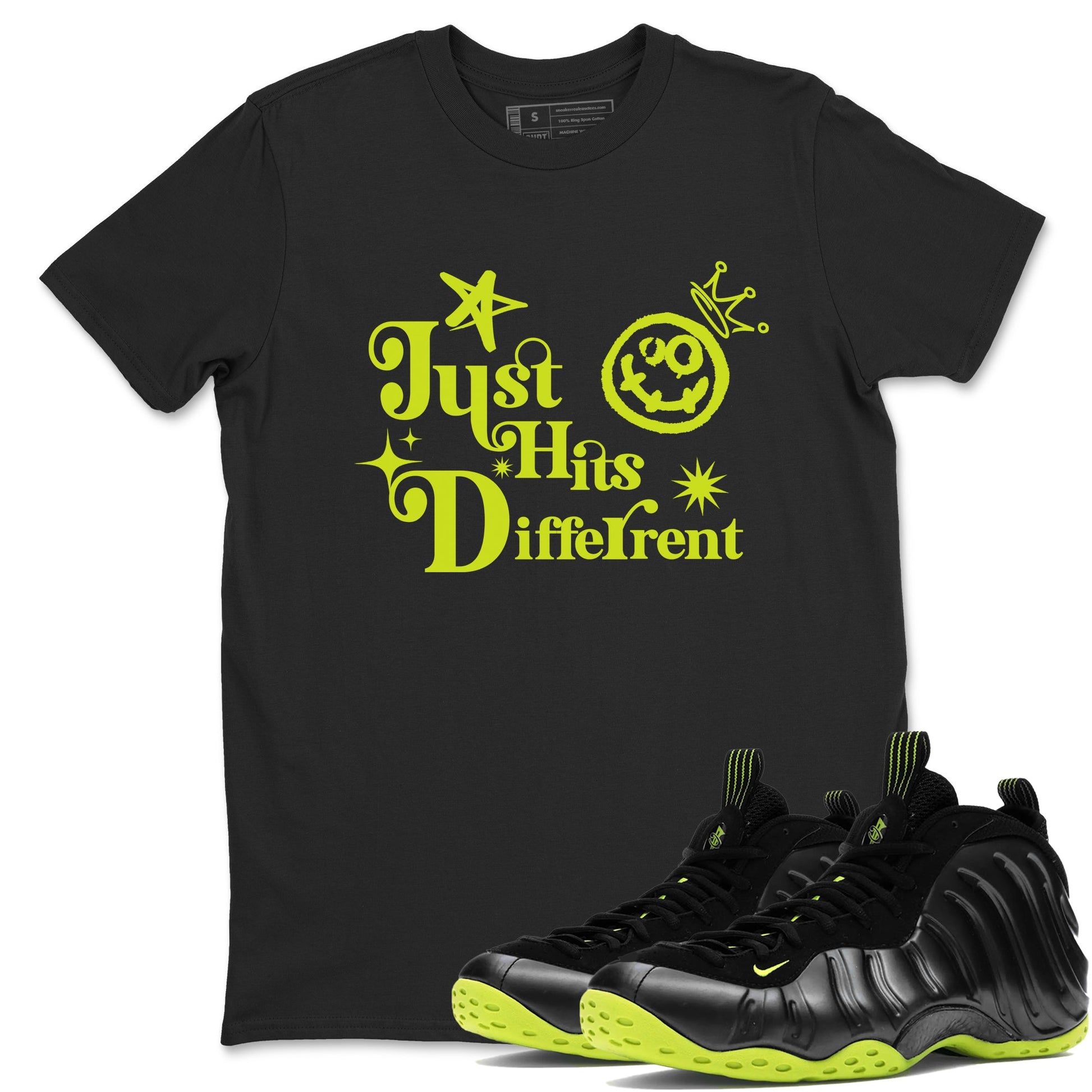 Foams One Black Volt shirts to match jordans Just Hits Different sneaker match tees Air Foamposite One Black and Volt match shoes to clothes SNRT Sneaker Tees unisex cotton Black 1 shirts