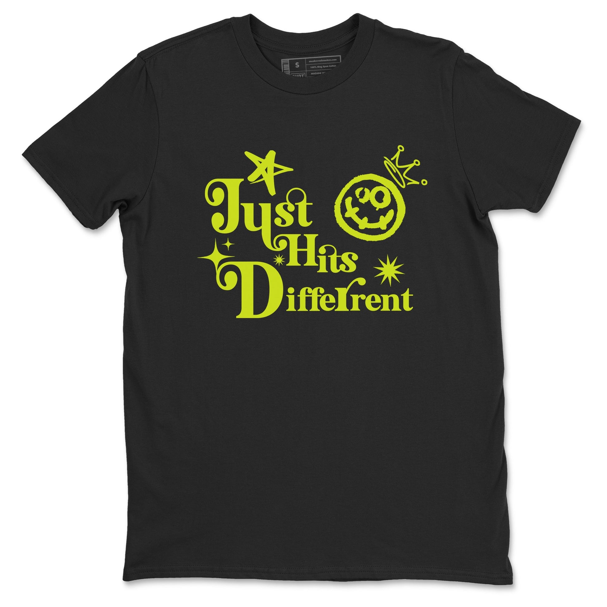 Foams One Black Volt shirts to match jordans Just Hits Different sneaker match tees Air Foamposite One Black and Volt match shoes to clothes SNRT Sneaker Tees unisex cotton Black 2 shirts