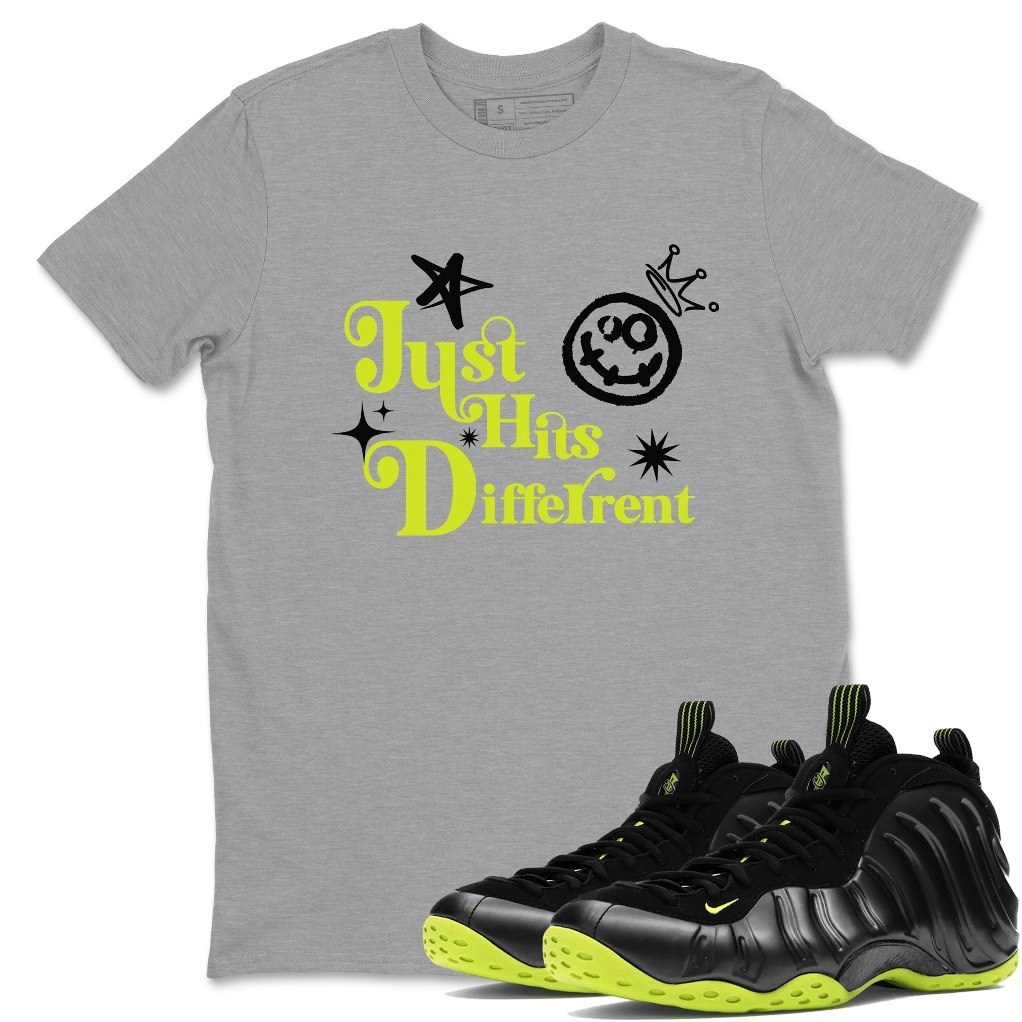 Foams One Black Volt shirts to match jordans Just Hits Different sneaker match tees Air Foamposite One Black and Volt match shoes to clothes SNRT Sneaker Tees unisex cotton Heather Grey 1 shirts