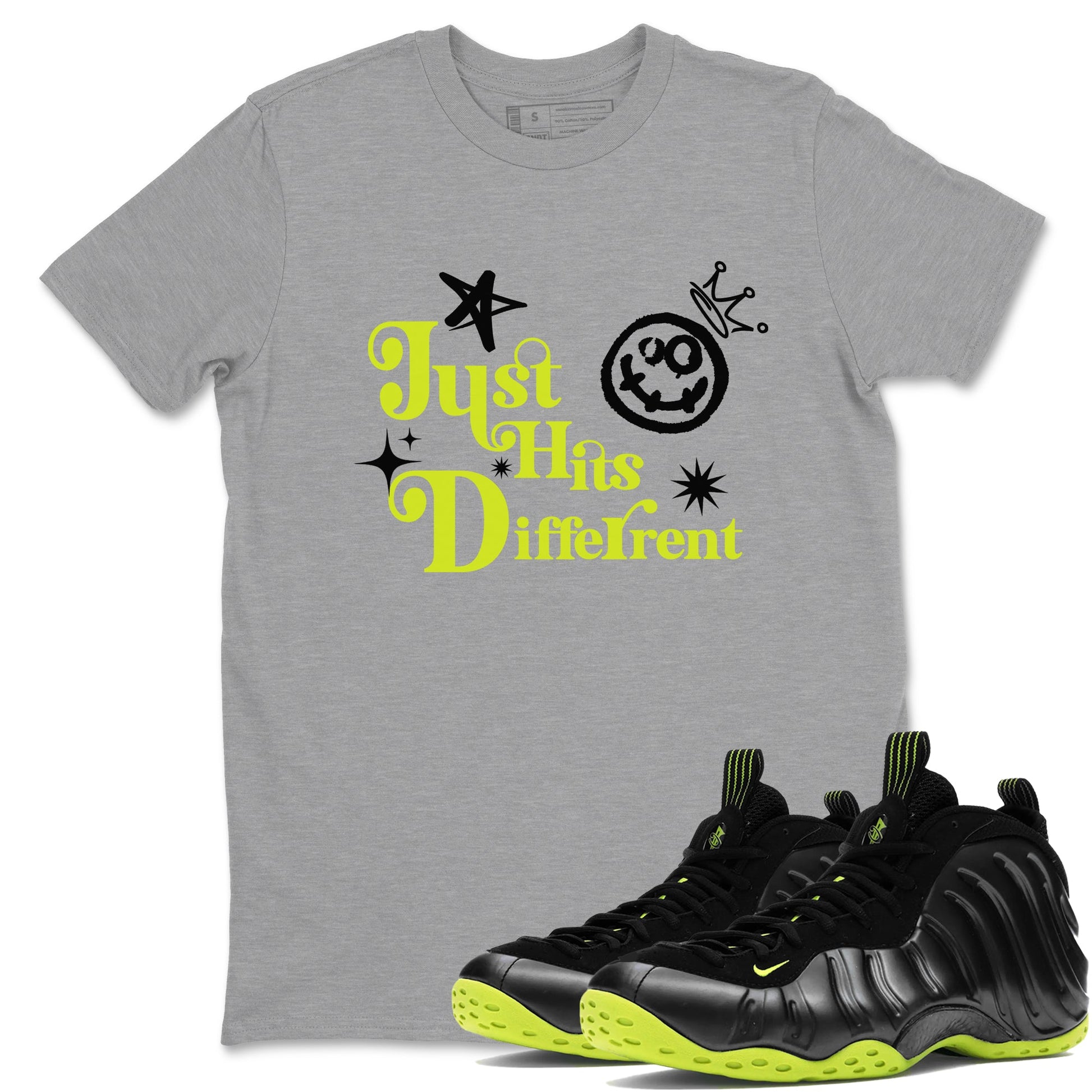 Foams One Black Volt shirts to match jordans Just Hits Different sneaker match tees Air Foamposite One Black and Volt match shoes to clothes SNRT Sneaker Tees unisex cotton Heather Grey 1 shirts