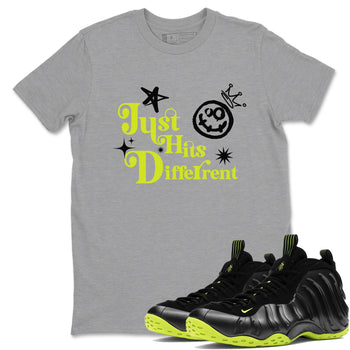 Foams One Black Volt shirts to match jordans Just Hits Different sneaker match tees Air Foamposite One Black and Volt match shoes to clothes SNRT Sneaker Tees unisex cotton Heather Grey 1 shirts