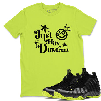Foams One Black Volt shirts to match jordans Just Hits Different sneaker match tees Air Foamposite One Black and Volt match shoes to clothes SNRT Sneaker Tees unisex cotton Safety Green 1 shirts