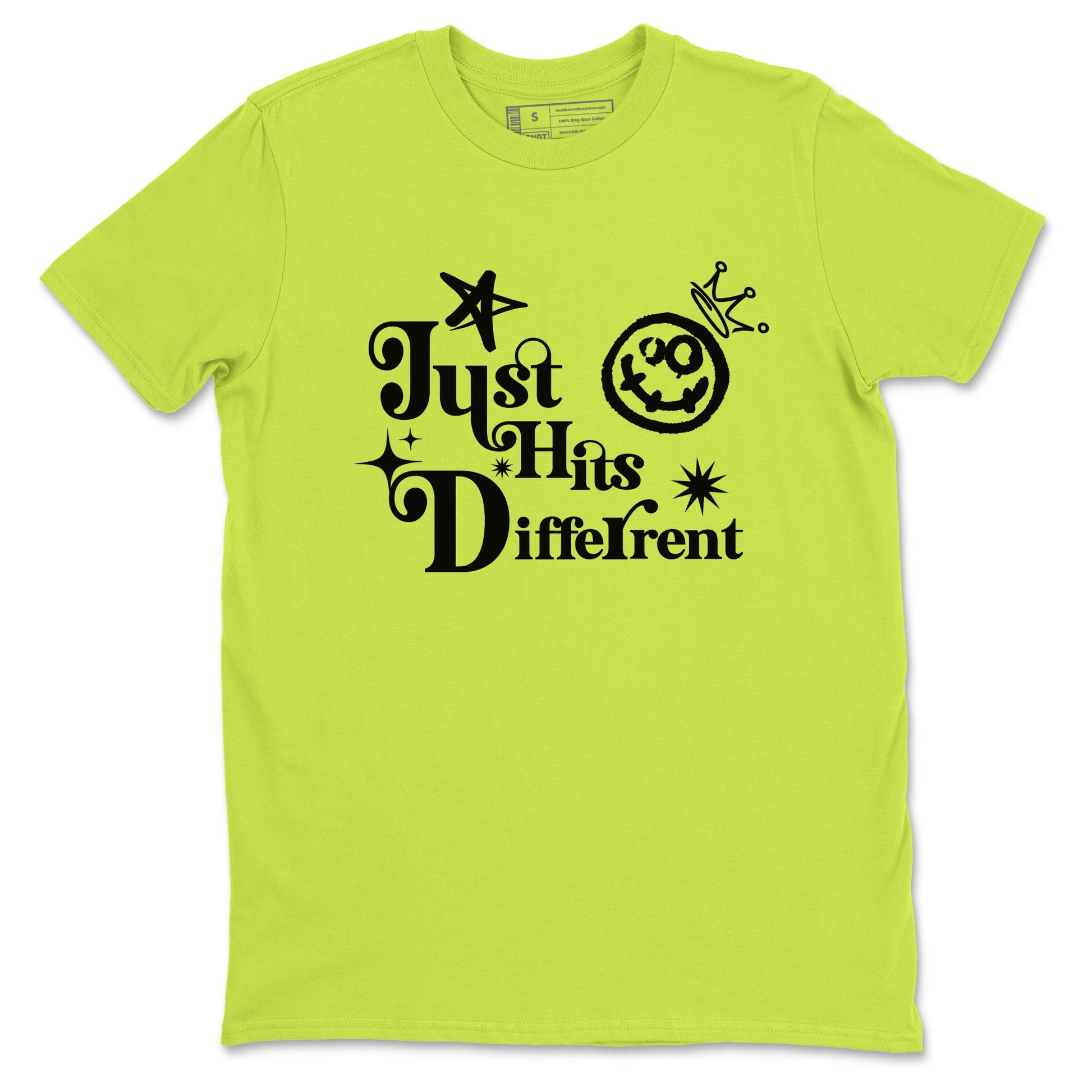 Foams One Black Volt shirts to match jordans Just Hits Different sneaker match tees Air Foamposite One Black and Volt match shoes to clothes SNRT Sneaker Tees unisex cotton Safety Green 2 shirts