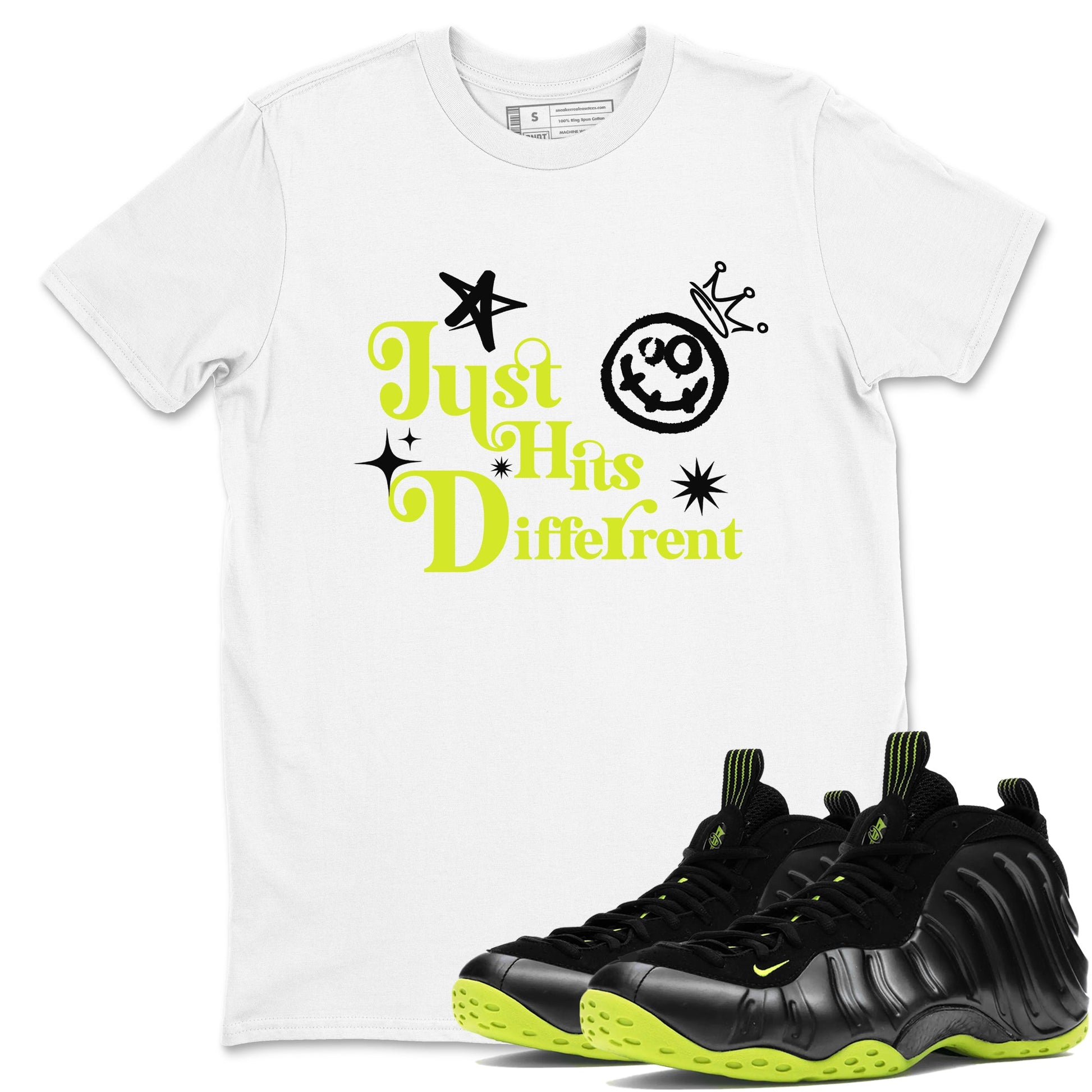 Foams One Black Volt shirts to match jordans Just Hits Different sneaker match tees Air Foamposite One Black and Volt match shoes to clothes SNRT Sneaker Tees unisex cotton White 1 shirts