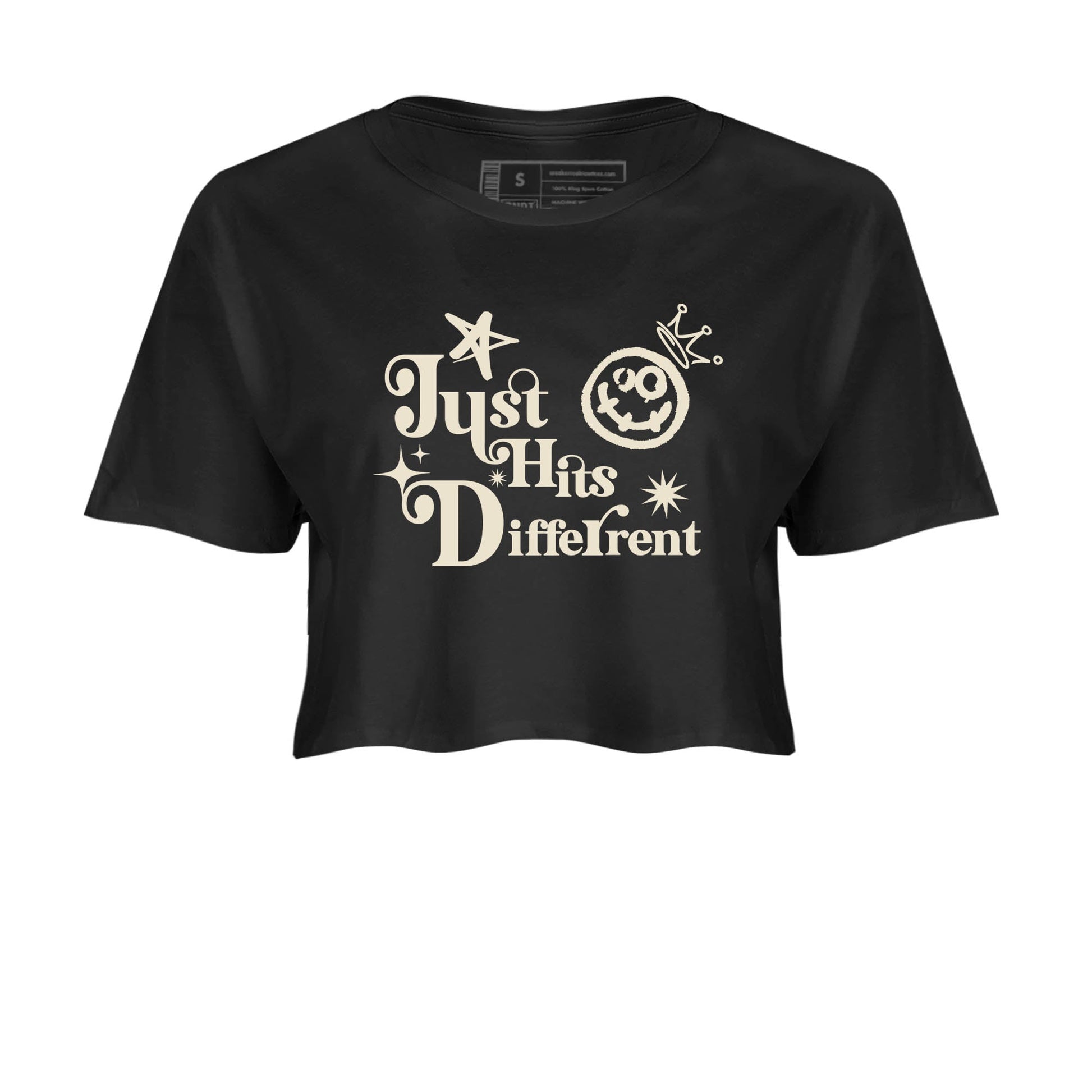 Sneaker Threads – Sneaker Tees To Match Air Foamposite One Pearl – Just Hits Different Crop Tee Black 2. Perfect for Jordan releases 2025 colorways.