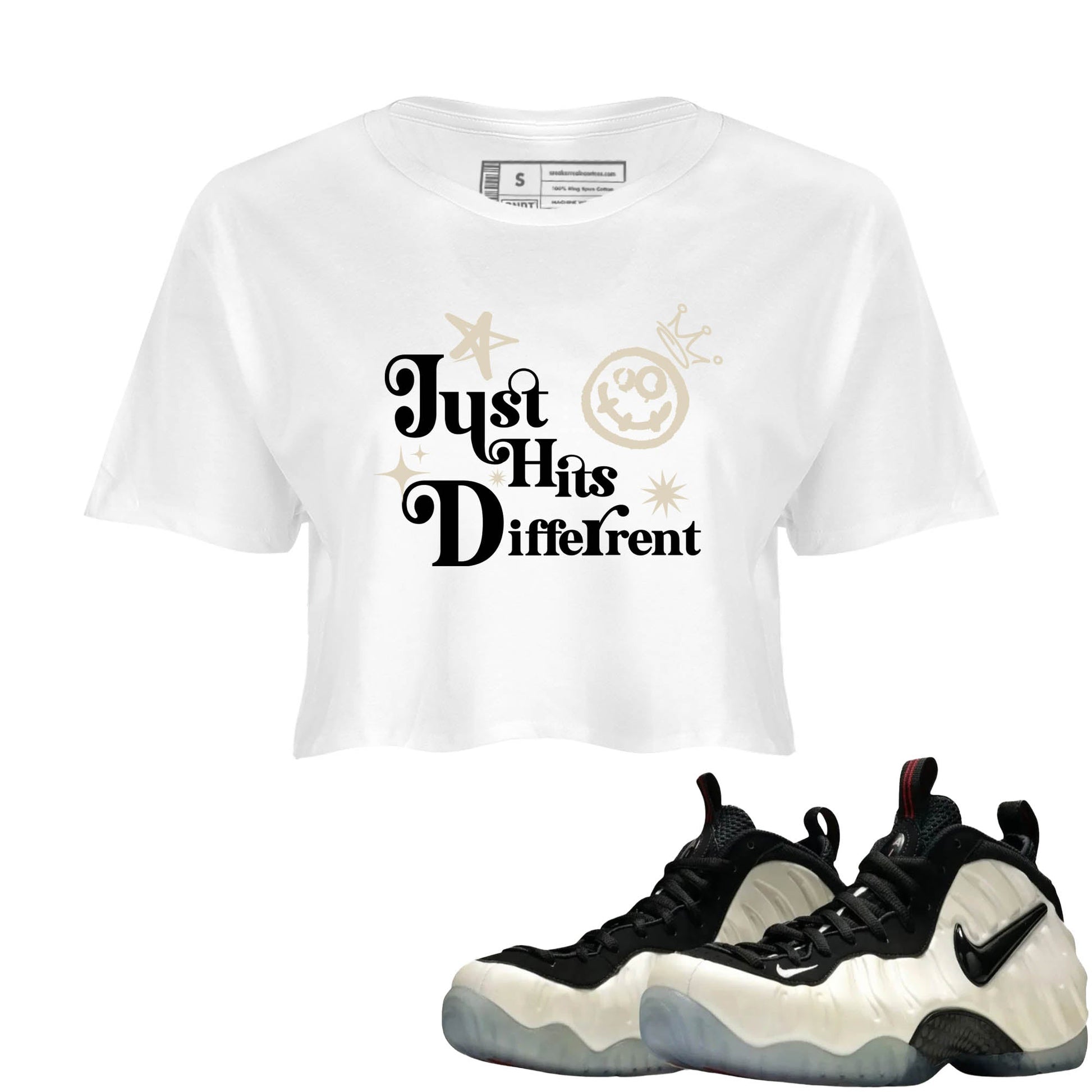Sneaker Threads – Sneaker Tees To Match Air Foamposite One Pearl – Just Hits Different Crop Tee White 1. Perfect for Jordan releases 2025 colorways.