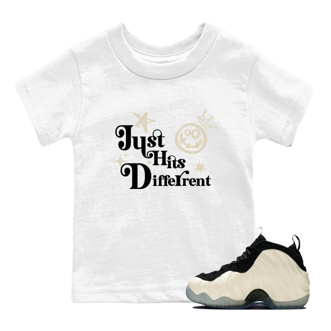 Sneaker Threads – Sneaker Tees To Match Air Foamposite One Pearl – Just Hits Different Youth Graphic Tee White 1. Perfect for Jordan releases 2025 colorways.