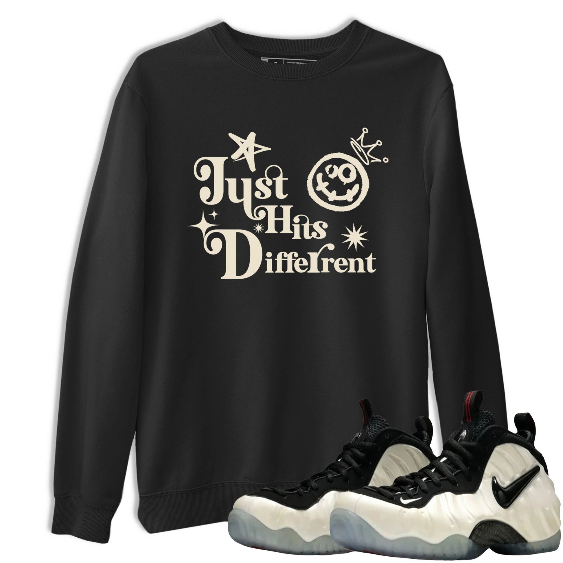 Sneaker Threads – Sneaker Tees To Match Air Foamposite One Pearl – Just Hits Different Graphic Tee Black 1. Perfect for Jordan releases 2025 colorways.
