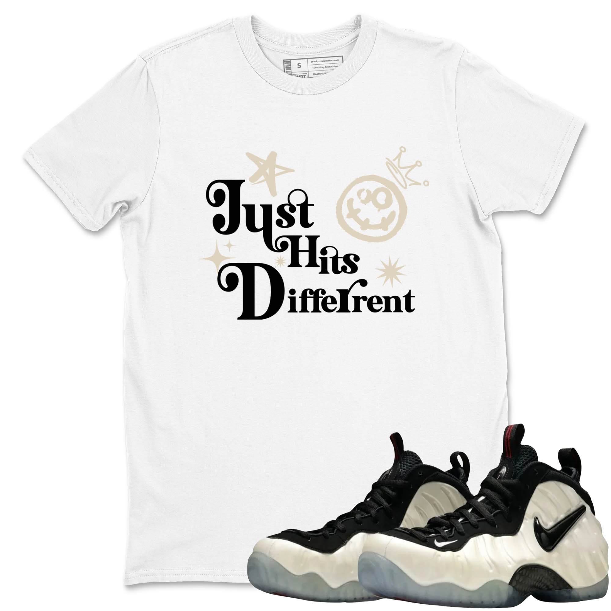 Sneaker Threads – Sneaker Tees To Match Air Foamposite One Pearl – Just Hits Different Graphic Tee White 1. Perfect for Jordan releases 2025 colorways.