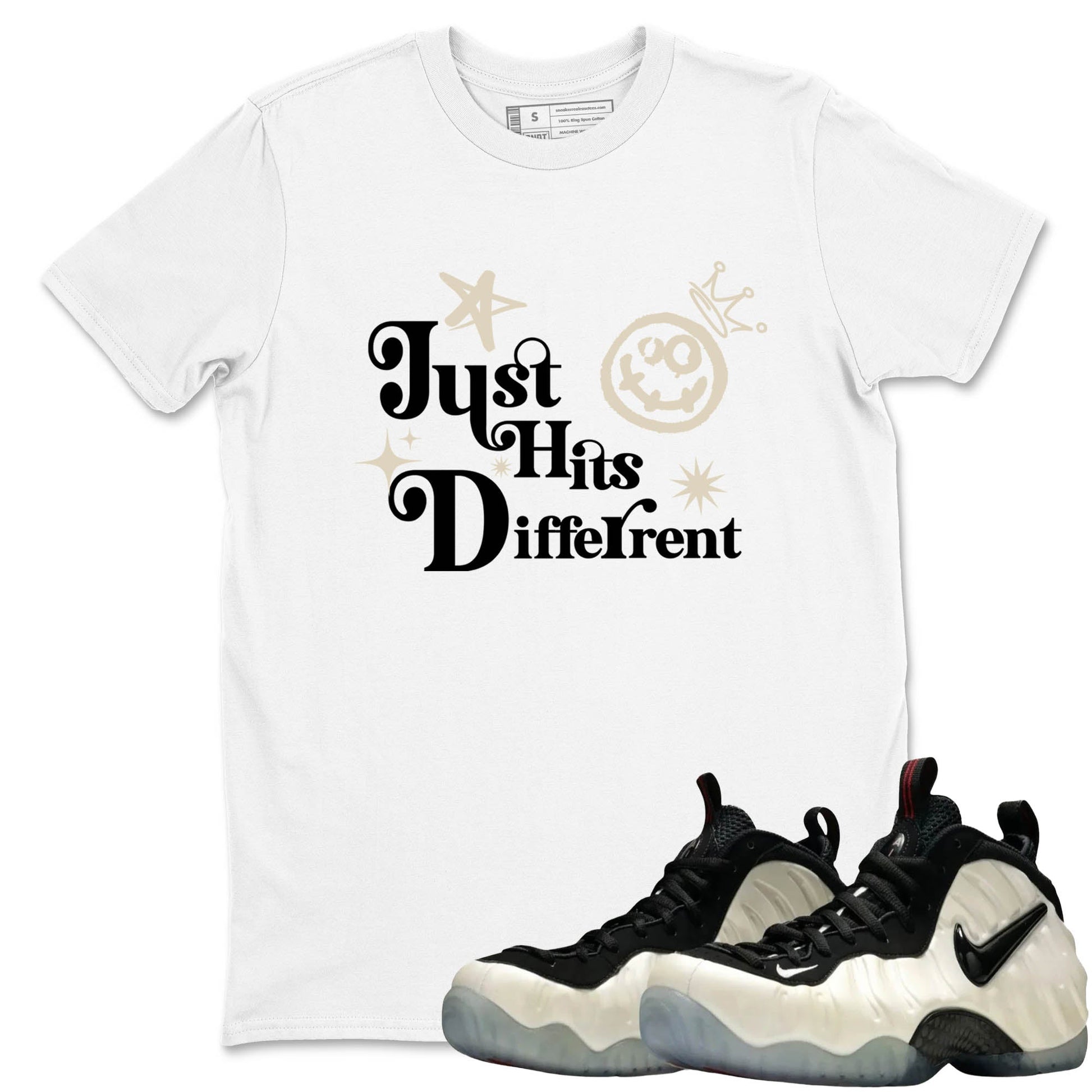 Sneaker Threads – Sneaker Tees To Match Air Foamposite One Pearl – Just Hits Different Graphic Tee White 1. Perfect for Jordan releases 2025 colorways.