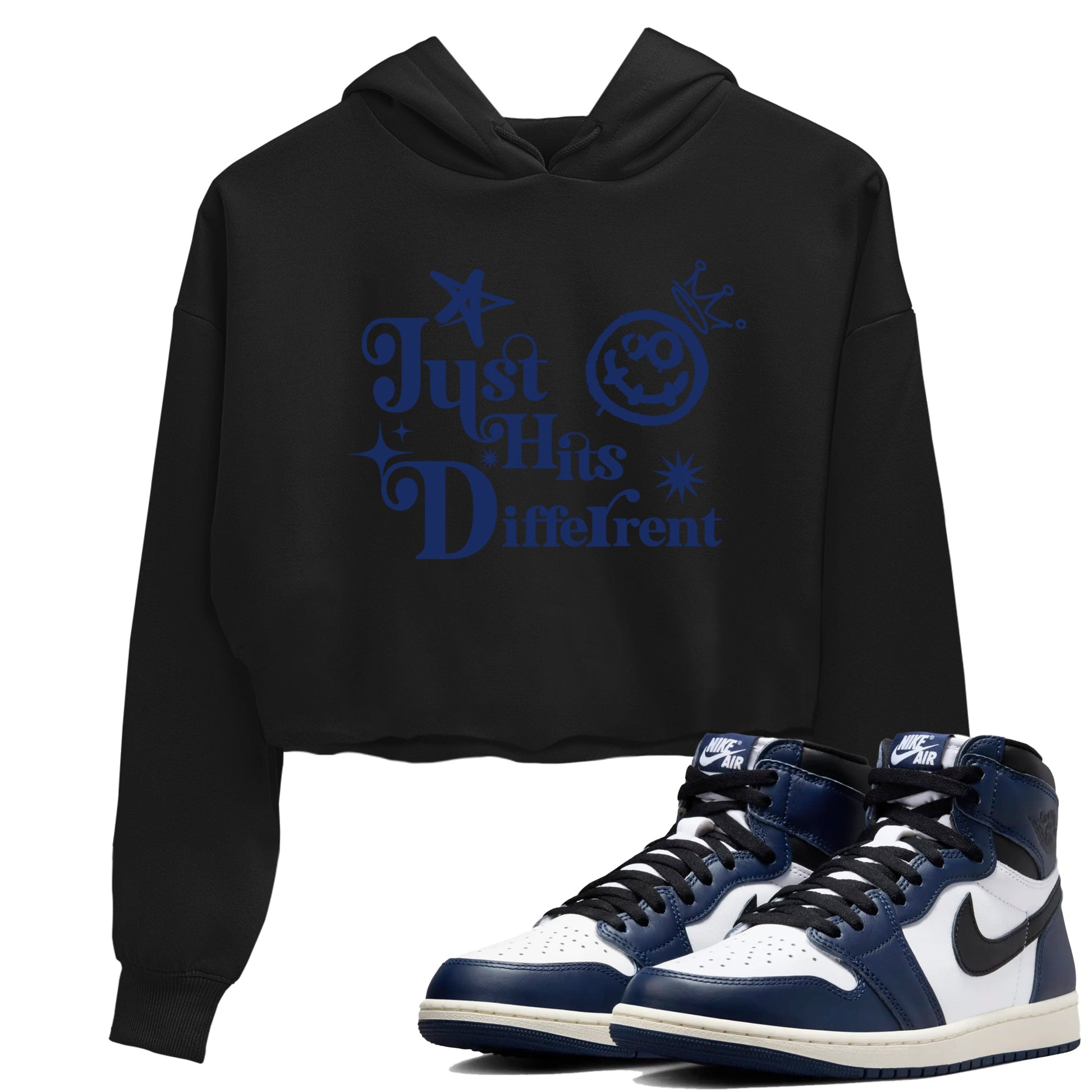 1s Midnight Navy shirts to match jordans Just Hits Different sneaker match tees Air Jordan 1 Midnight Navy match shoes to clothes SNRT Sneaker Tees unisex cotton Black 1 crop tee