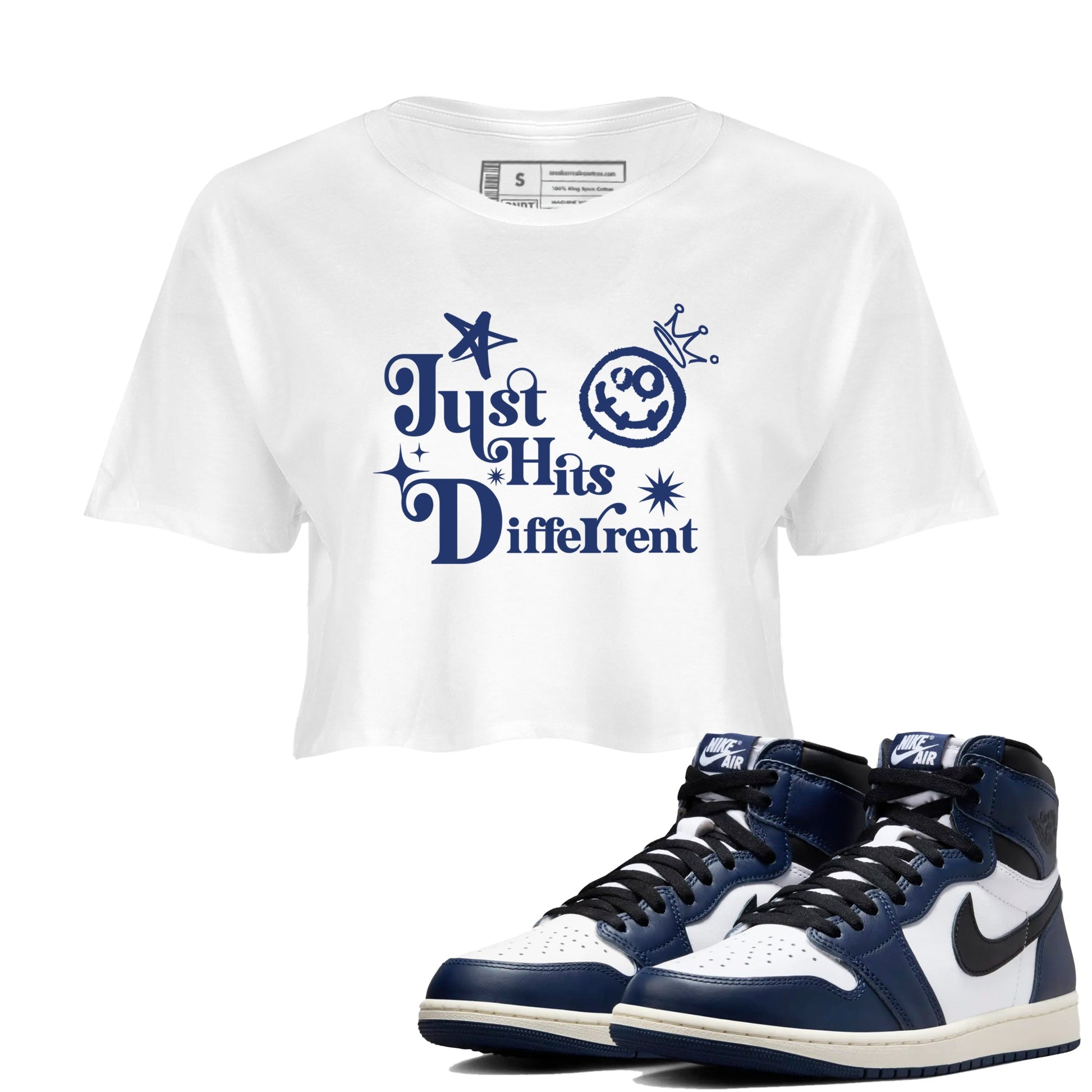 1s Midnight Navy shirts to match jordans Just Hits Different sneaker match tees Air Jordan 1 Midnight Navy match shoes to clothes SNRT Sneaker Tees unisex cotton White 1 crop tee