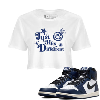 1s Midnight Navy shirts to match jordans Just Hits Different sneaker match tees Air Jordan 1 Midnight Navy match shoes to clothes SNRT Sneaker Tees unisex cotton White 1 crop tee